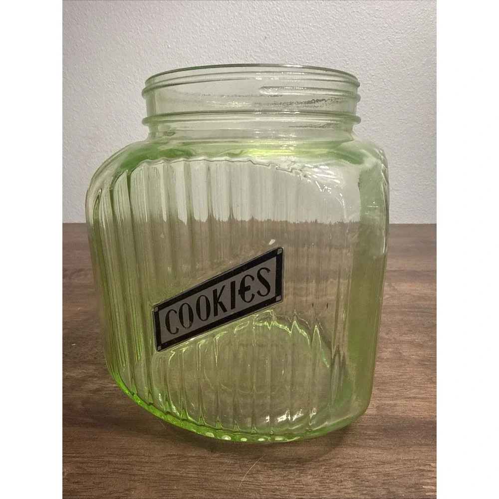 Anchor Hocking Hoosier Green Uranium Depression Glass Cookie Jar Ribbed Label